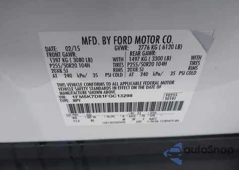 2015 Ford Explorer Xlt из США, поврежденный, VIN 1FM5K7D81FGC13298